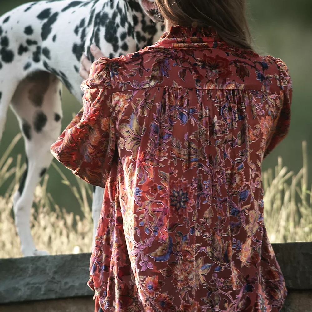NWT Anthropologie The Estela Burnout Sheer Floral Printed Blouse in Maroon - Picture 3 of 14